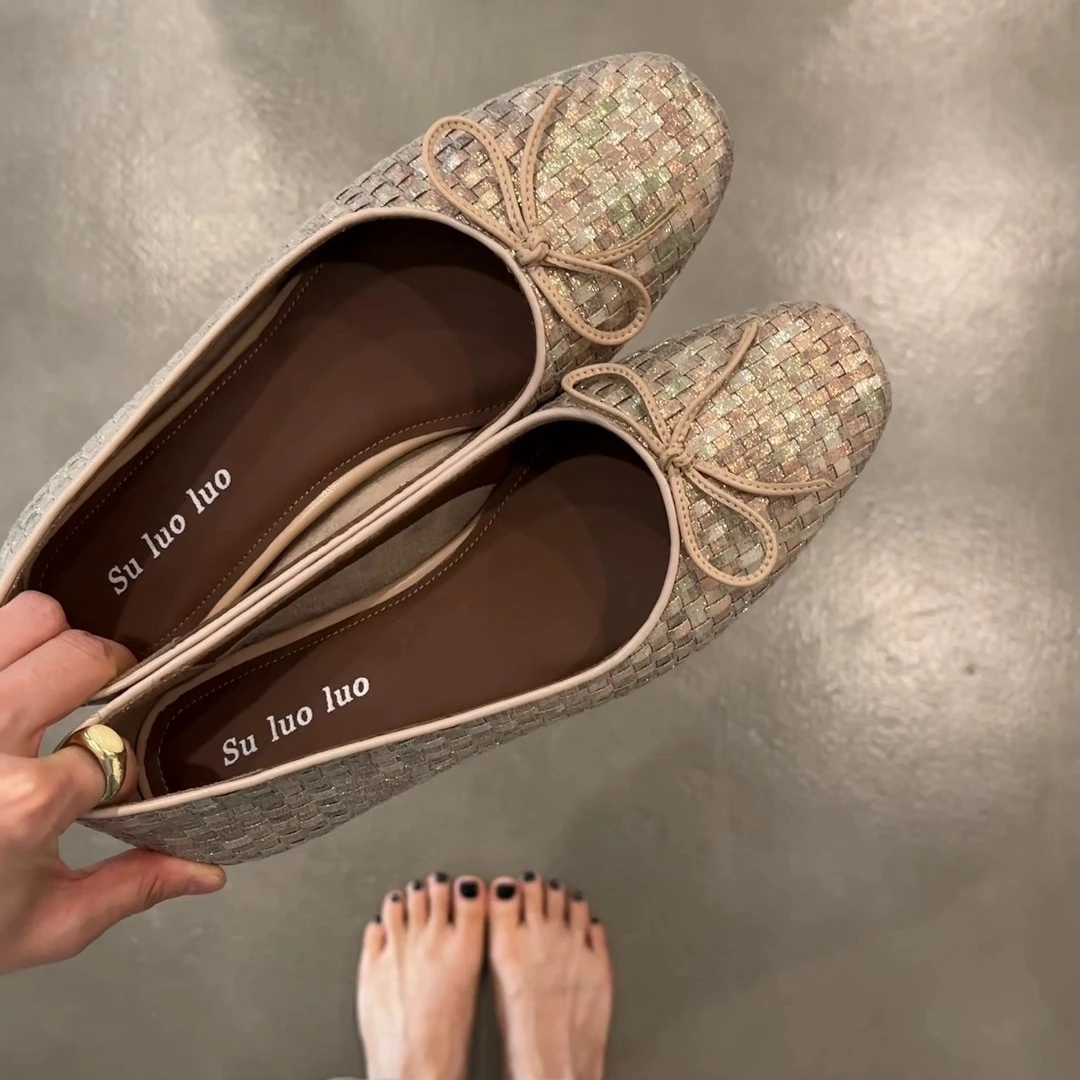 小众原创~蝴蝶结软羊皮平底2025单鞋女方头编织浅口女鞋