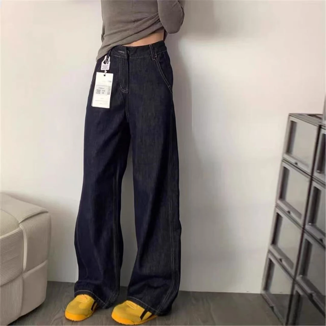 高品质深蓝色高腰显瘦牛仔裤