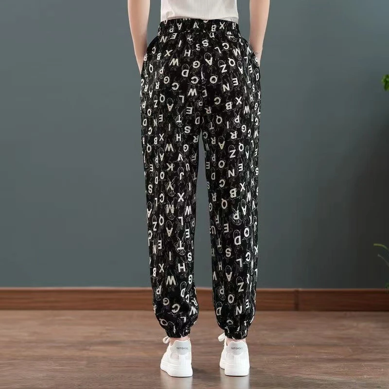 夏季冰丝女裤印花束脚裤沙滩凉凉裤冰雪丝长裤小个子百搭小脚裤女