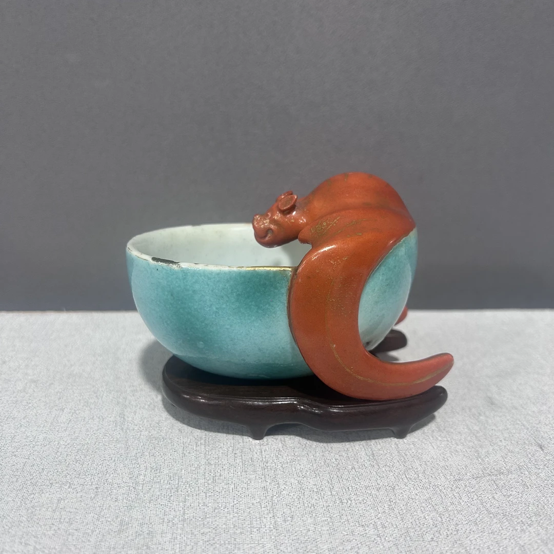 清早期 绿釉矾红描金浮雕蝙蝠洗（直径11.5  高度7.4）