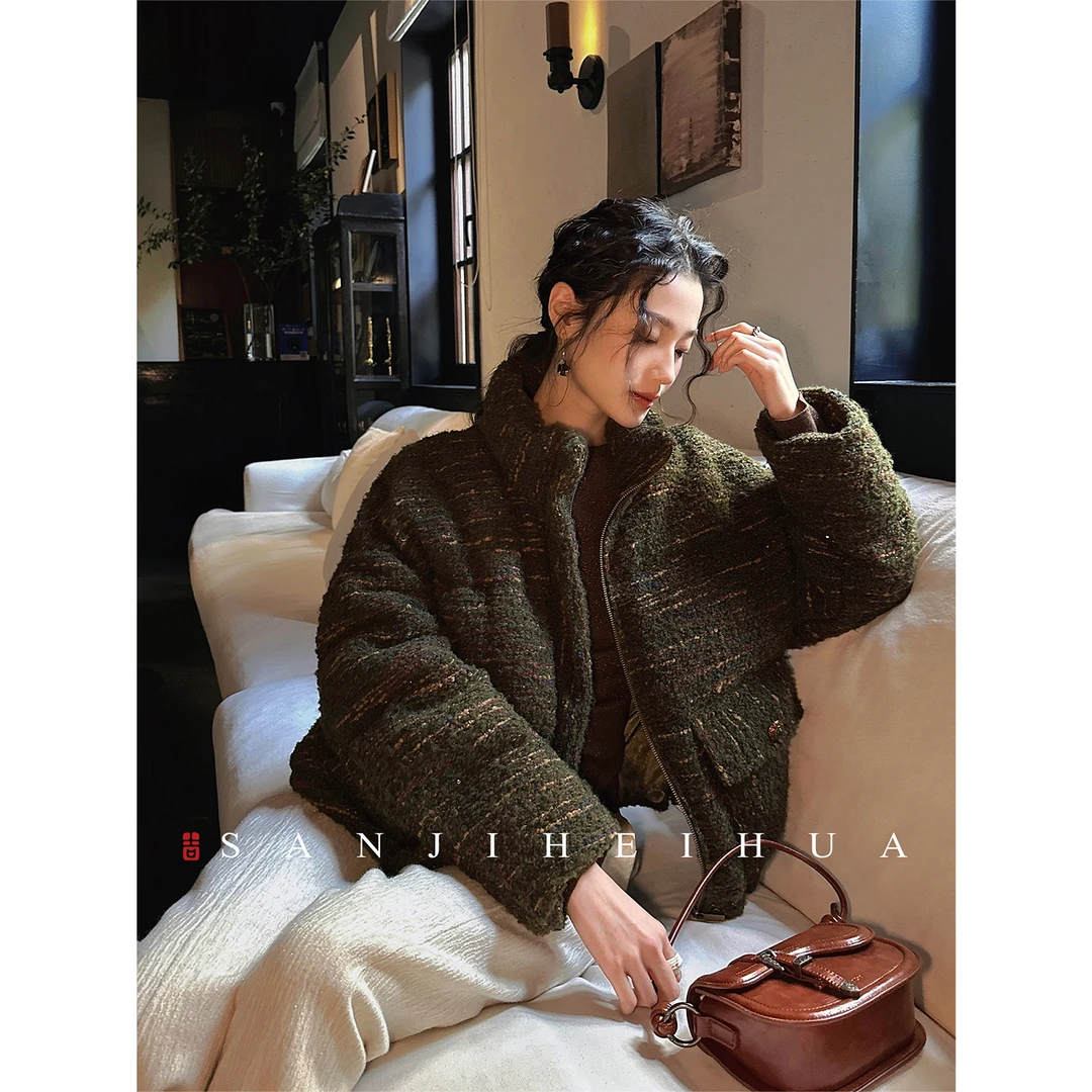 三吉黑花【圣诞结】氛围小香羽绒服2025新款冬珠片粗花呢巨好看的