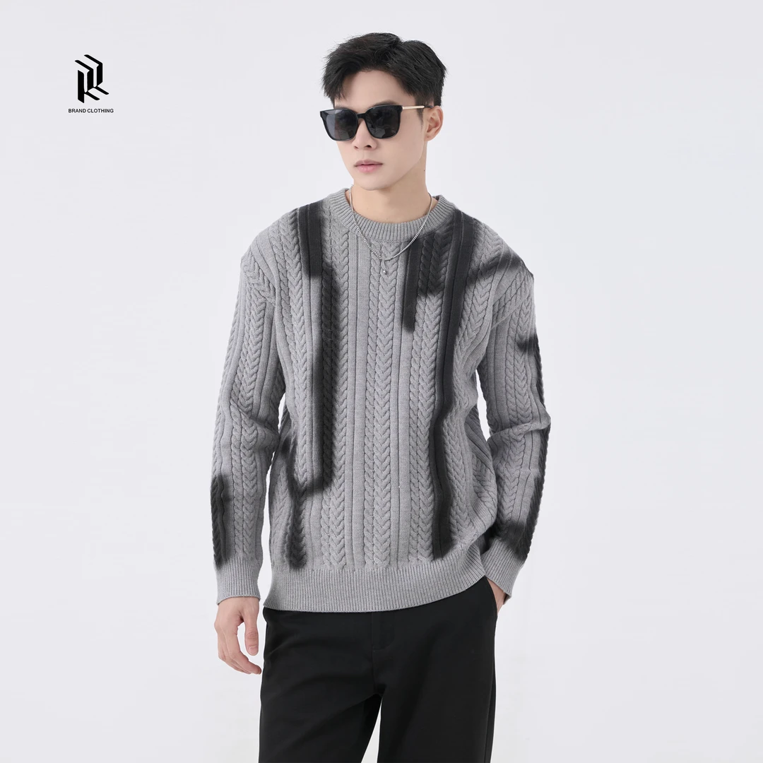 【RHETT KELLEY】非黑即白冬季新款松弛感提花涂鸦圆领套头毛衣男