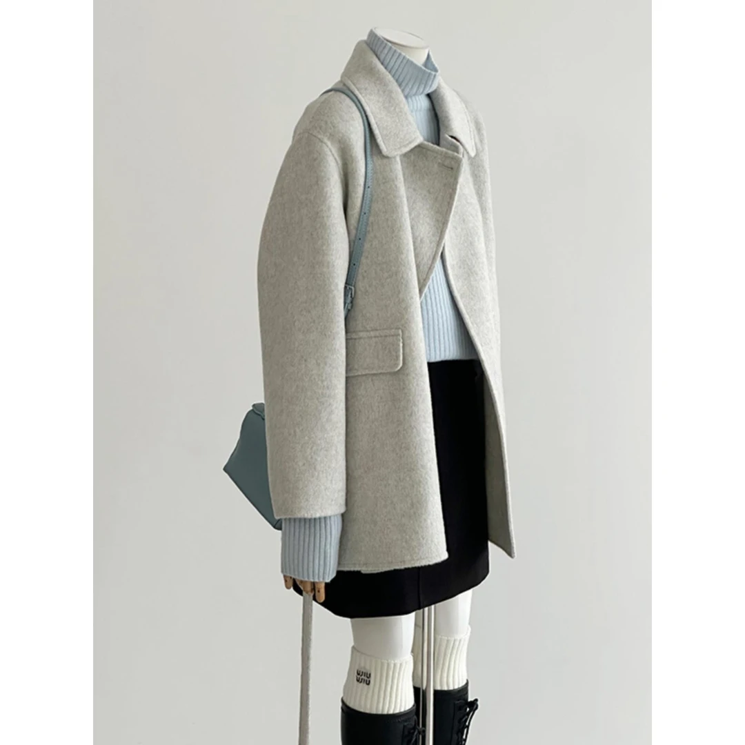 .灰色短款呢子大衣女2024年新款秋冬高级感毛呢外套韩系小个子气.