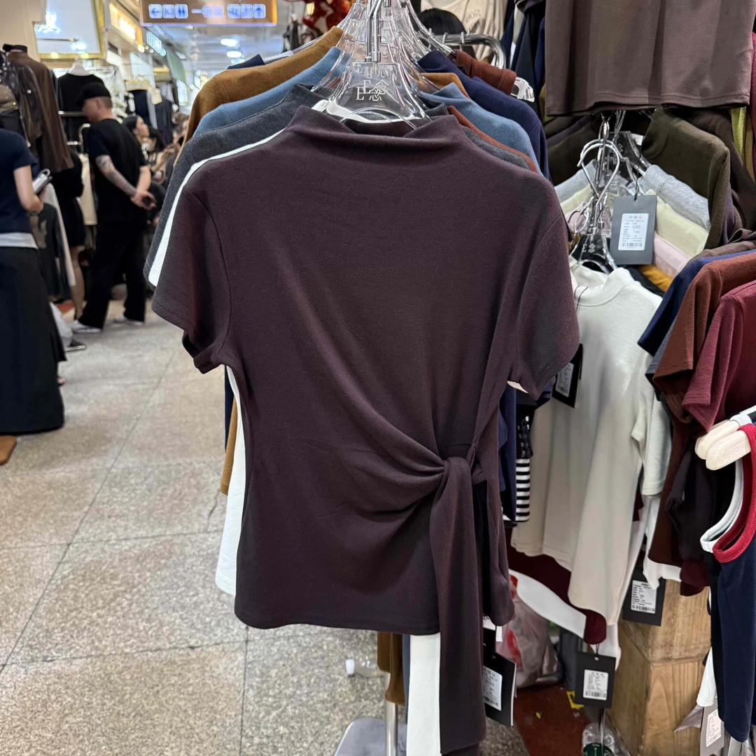 E念6093立领绑带设计感短袖2025初早秋新款修身显瘦甜辣chic上衣