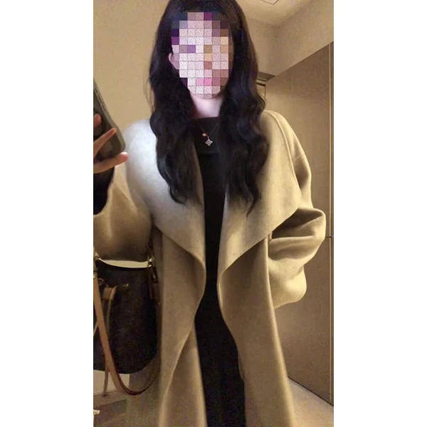 韩系大翻领大衣女2025冬新款赫本风毛呢外套一字肩上衣裙子套装女