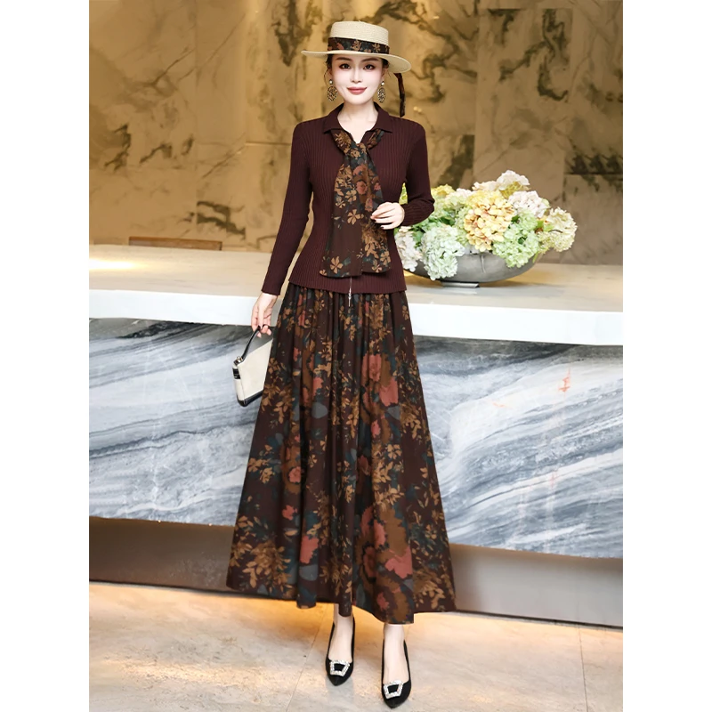 复古印花咖色套装裙两件套2025秋新款今年印花抽绳上衣半身裙套装
