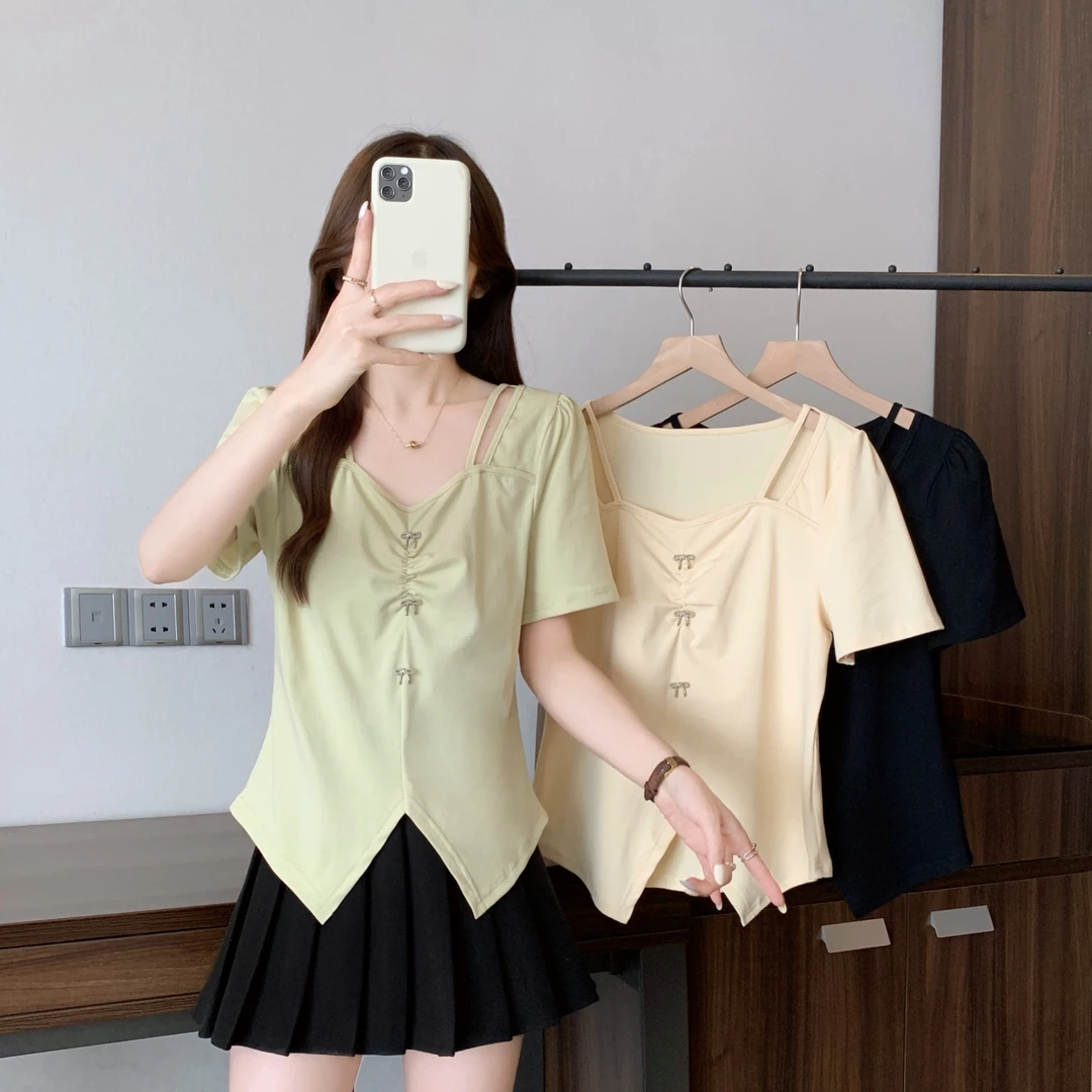 2025夏季新款胖mm大码设计感百搭褶皱T恤不规则开叉镂空上衣64640