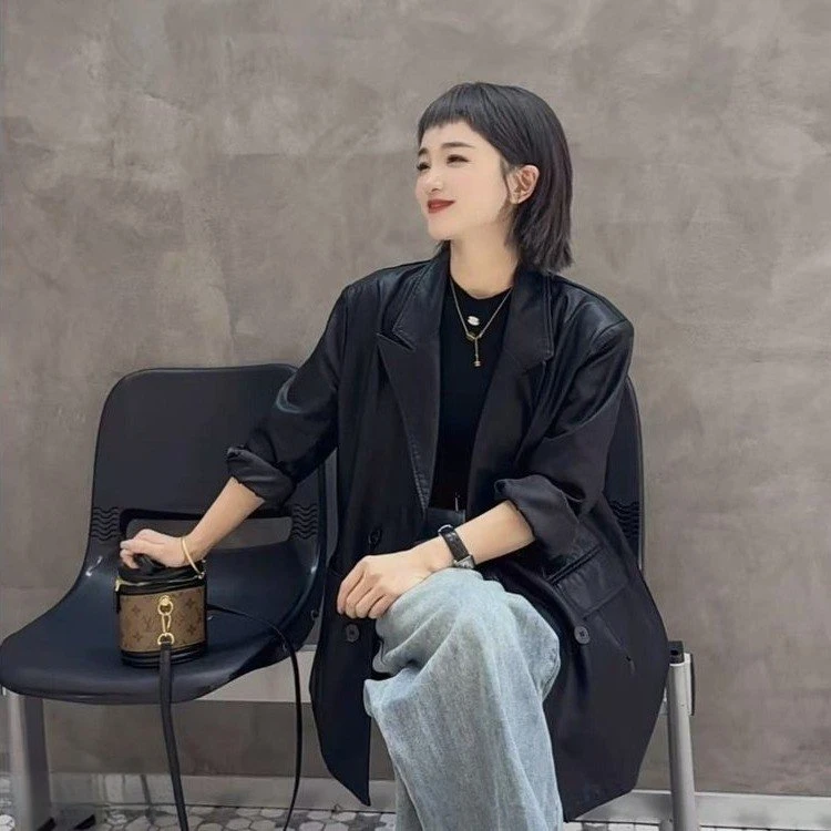 黑色PU西装皮衣外套2025高级春秋新款双排扣pu复古宽松西服皮夹克