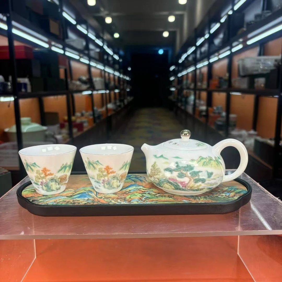 秋香茶具  羊脂玉瓷世外桃源西施壶+四杯家用简约泡茶壶-3841