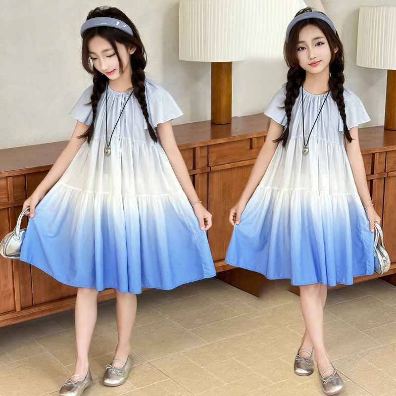 渐变女拼色2025新款休闲风短袖纯色连衣裙女童童装夏季渐变色棉裙