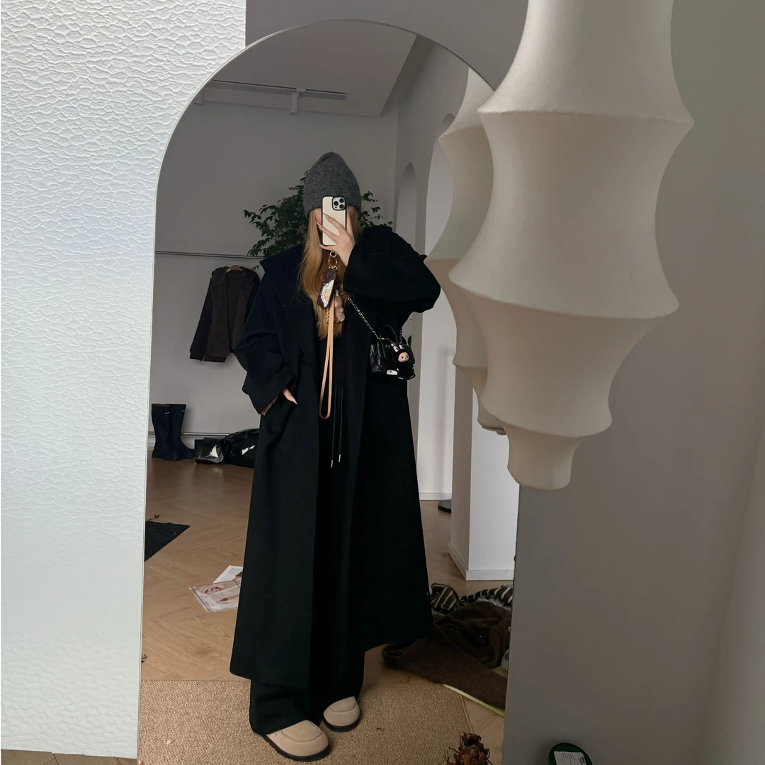 【瘦瘦】浴袍大衣-大码100绵羊毛连帽气质绑带百搭双面呢大衣S02136