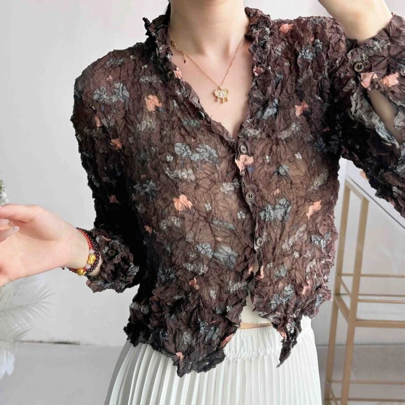 三宅褶皱印花衬衫手工褶皱夏季新款开衫显瘦上衣女复古气质衬衫