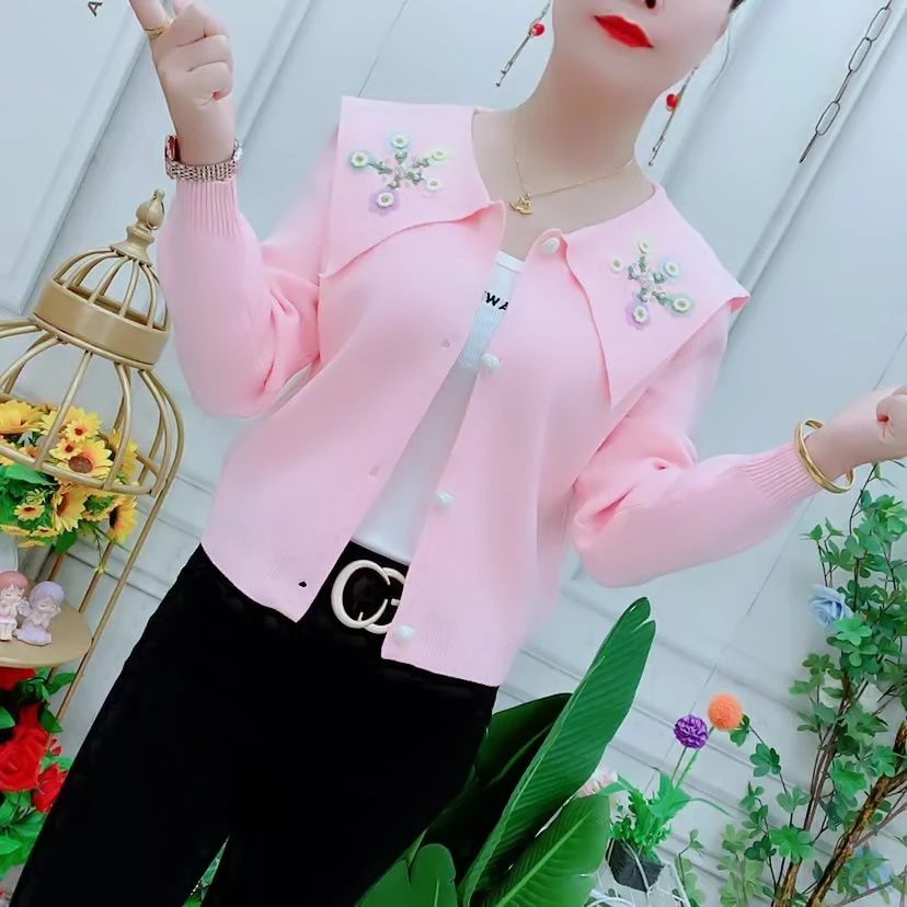 韩系温柔风娃娃领长袖针织衫女2025秋季洋气百搭显瘦减龄时尚上衣