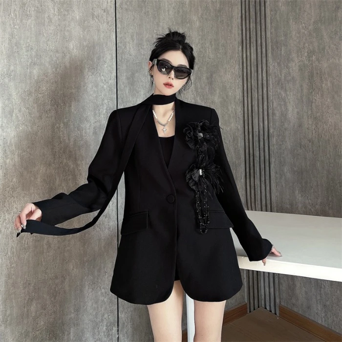 轻奢风气质设计感小众系带收腰双花朵西装外套时尚百搭西服上衣潮