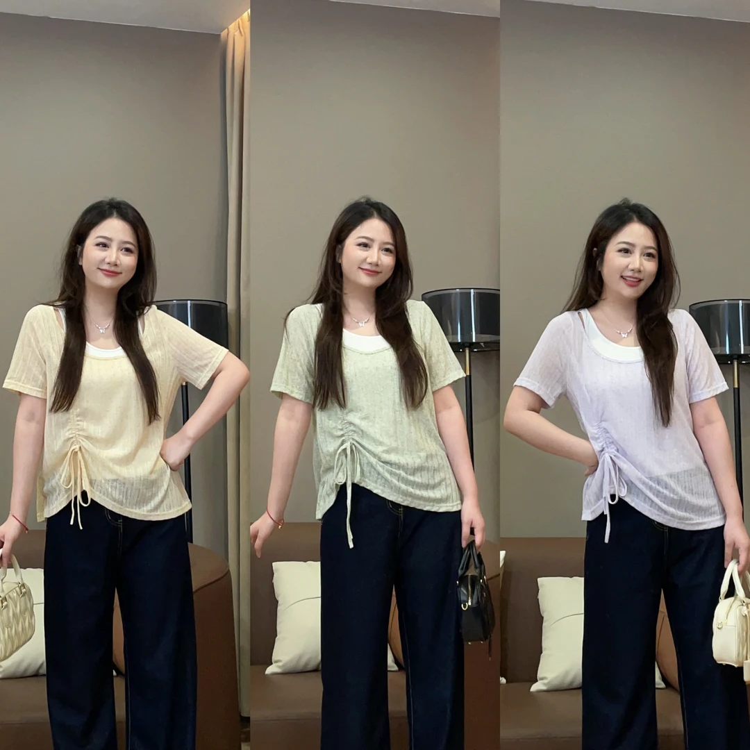 大萌萌【现货】设计感拼接抽绳假两件T恤夏微胖显瘦百搭P225X13290