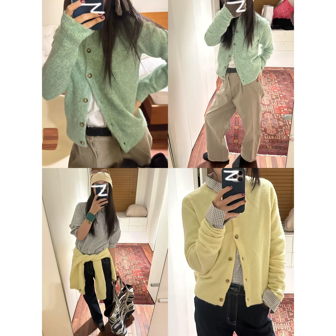 复古圆领百搭休闲纯色针织开衫女秋季外套绿色长袖毛衣女外搭