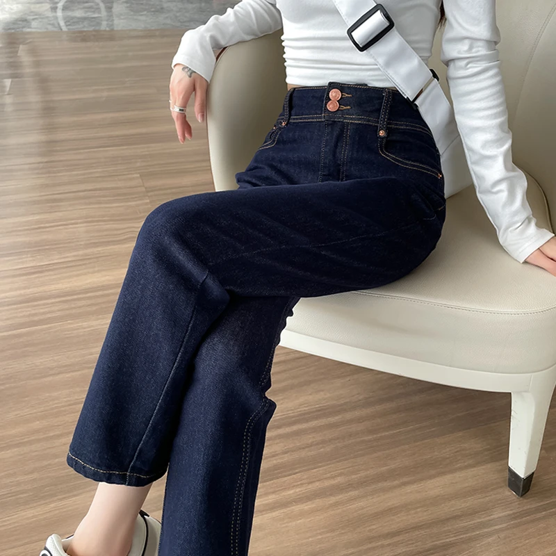 深蓝色显瘦直筒牛仔裤女春秋季2025年新款法棍裤宽松高腰烟管裤子