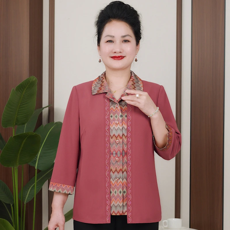 V/雅鹿长袖薄款假两件大码新款洋气中老年人奶奶婆婆女装B5919