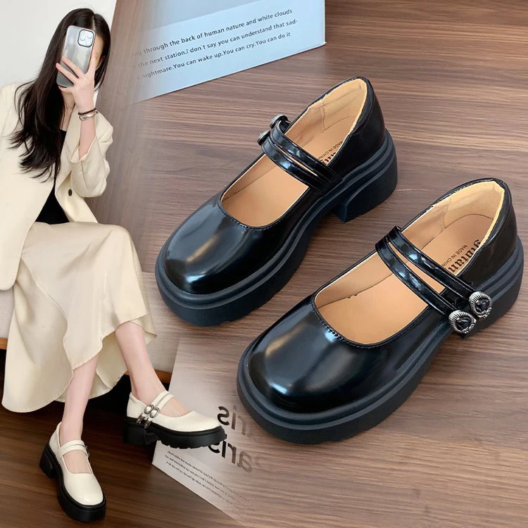 黑色法式2025春秋新款复古粗跟厚底小皮鞋女百搭配裙子玛丽珍单鞋