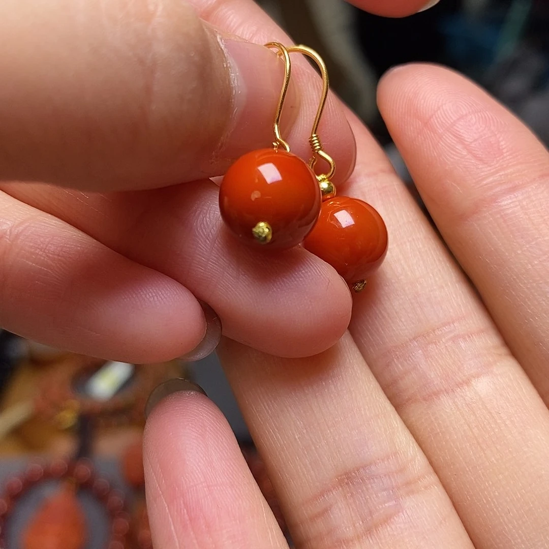 南红玛瑙耳坠9m m银S925镶嵌