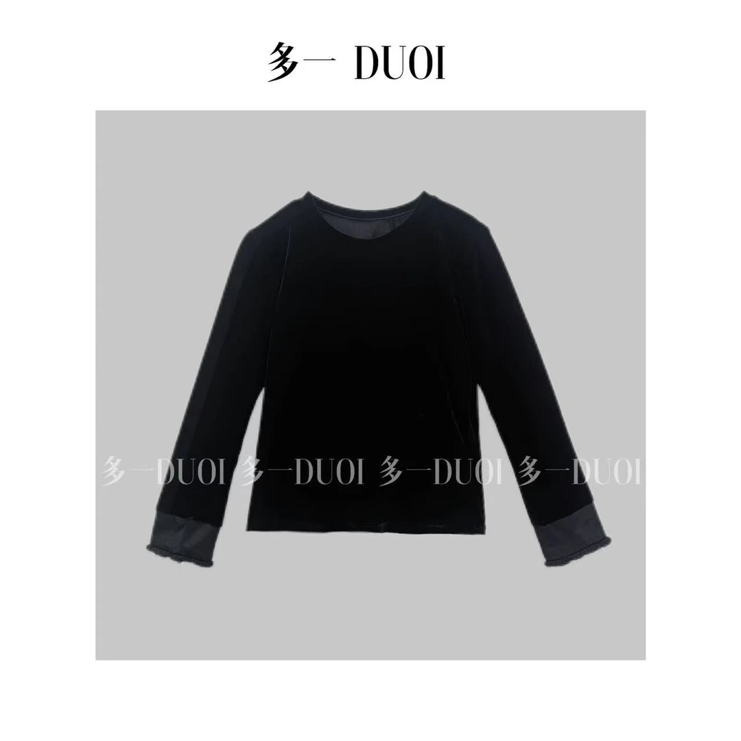多一“晚香”2025早春气质简约圆领宽松显瘦丝绒拼接袖口毛毛上衣