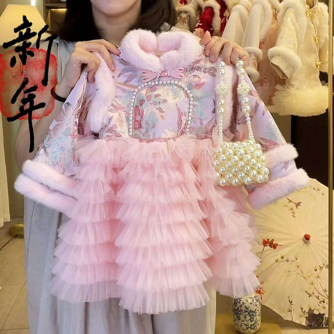甜美新年裙子新中式甜美汉服女童拜年服周岁礼服公主裙加绒新年裙