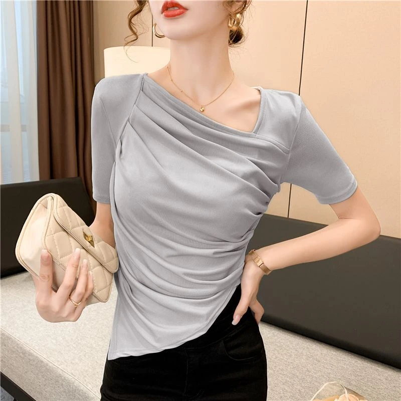 夏季不规则T恤女小众心机斜领洋气显瘦褶皱上衣轻熟风短款小衫女