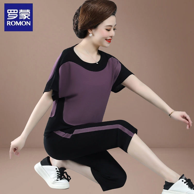 罗蒙运动套装女士2024夏款大码上衣中年妈妈装夏季短袖t恤两件套