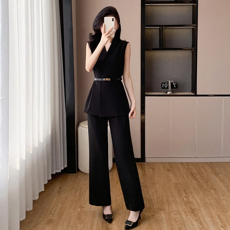 高级感职业装女夏季又A又飒无袖时尚阔腿裤套装收腰显瘦休闲西装