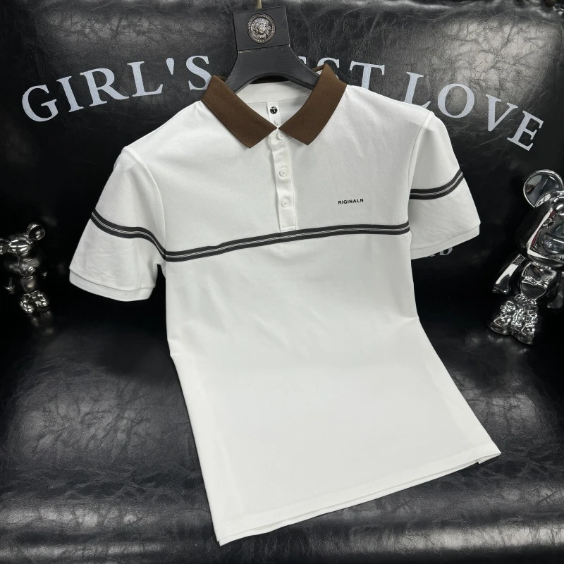 高端时尚编织带撞色短袖Polo衫男2025夏季韩版翻领T恤潮修身半袖