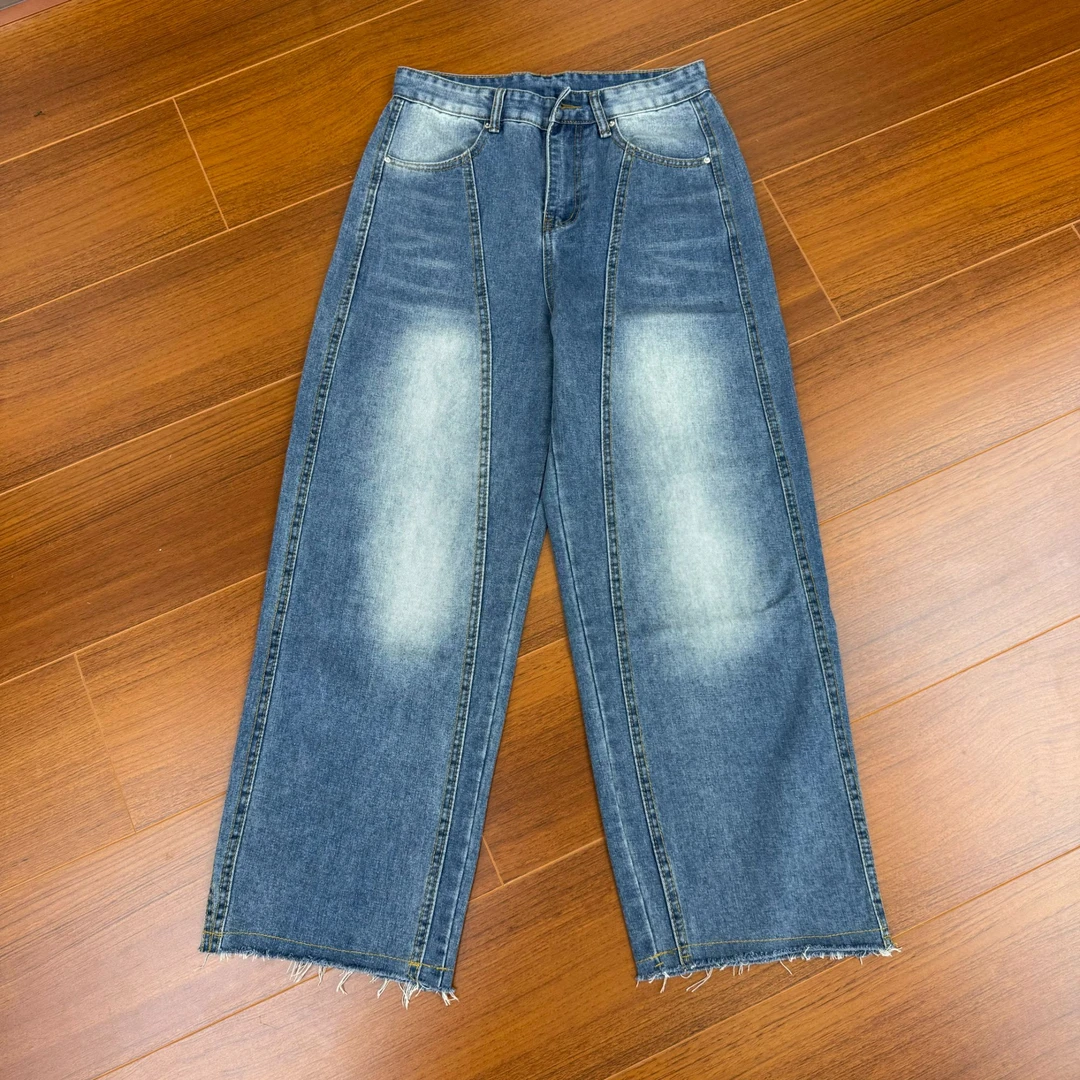 美式复古水洗弯刀牛仔裤男女廓形牛仔裤