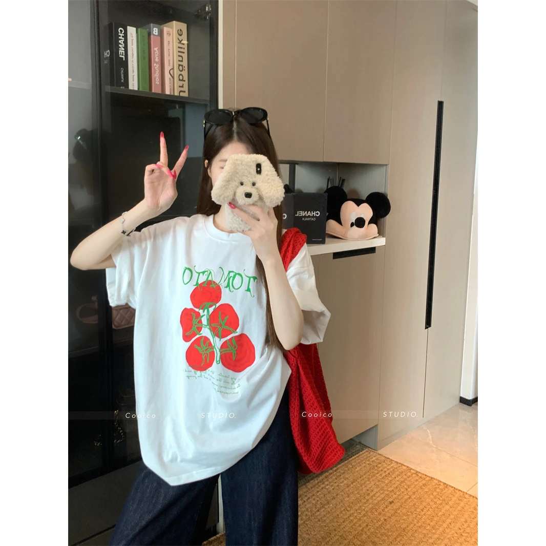 韩系印花圆领短袖t恤2025夏季新款设计感慵懒宽松休闲正肩上衣女