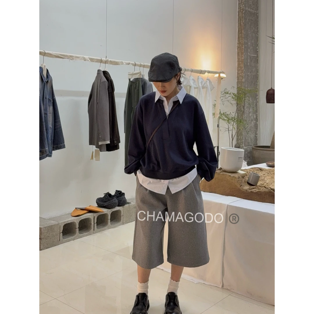 CHA MA GO DO韩版宽松毛呢七分直筒西裤