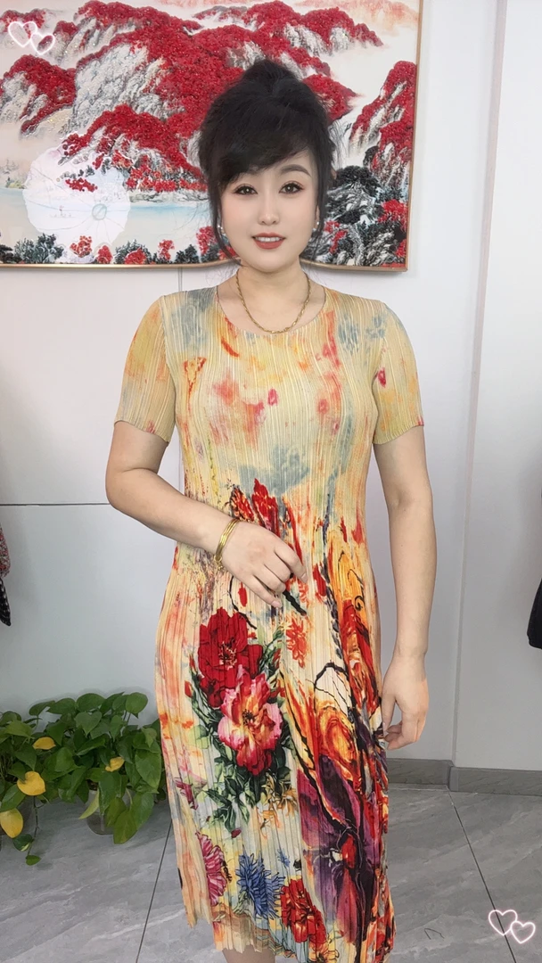 2025夏季新款大码 中式水墨印花连衣裙 高端褶皱裙