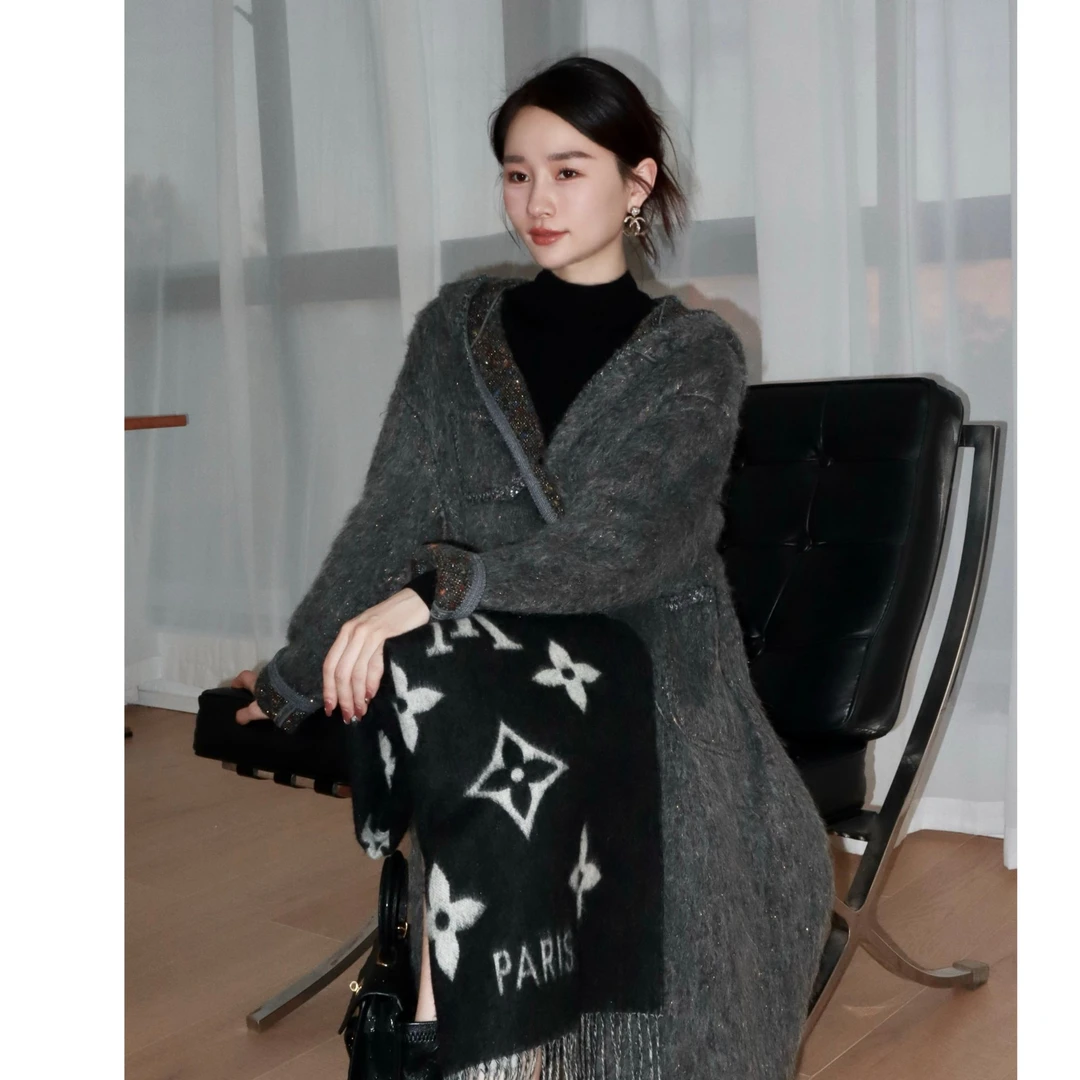 HELA AOMI“彩宝系列”绵羊毛马海毛混纺花纱连帽大衣CY5DC08445