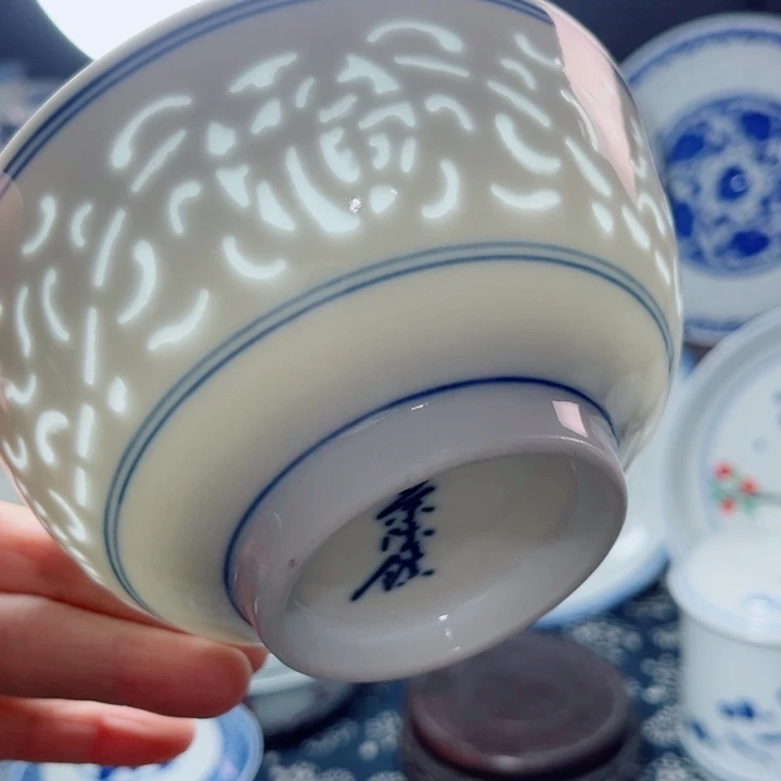 青花玲珑5寸饭碗满雕双福双线
