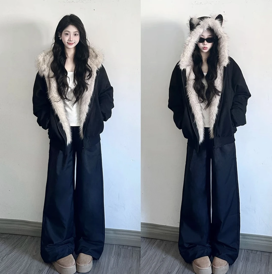 （莉莉家）大码女装100-200斤胖mm可穿爆红款座山雕毛领加绒外套