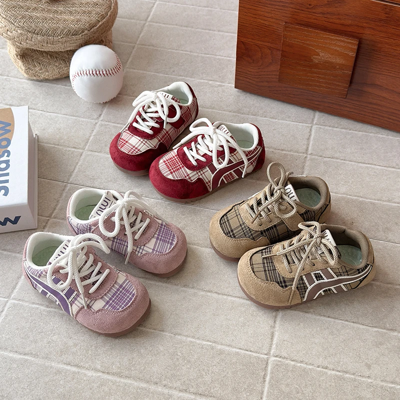 儿童鞋子2025春秋新款女童格子方头运动鞋男童休闲百搭软底运动鞋
