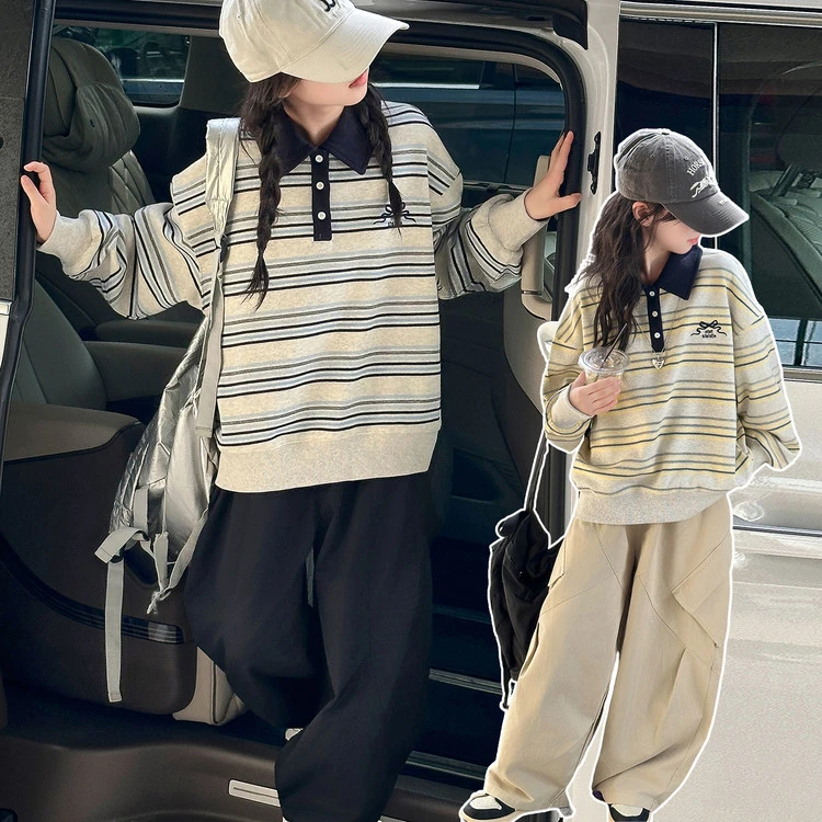 女童秋季套装2025新款洋气条纹polo领衣服裤子女大童秋季两件套