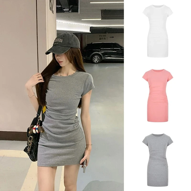 新款灰色褶皱修身连衣裙女修身显瘦内搭包臀A字短裙圆领连衣裙女