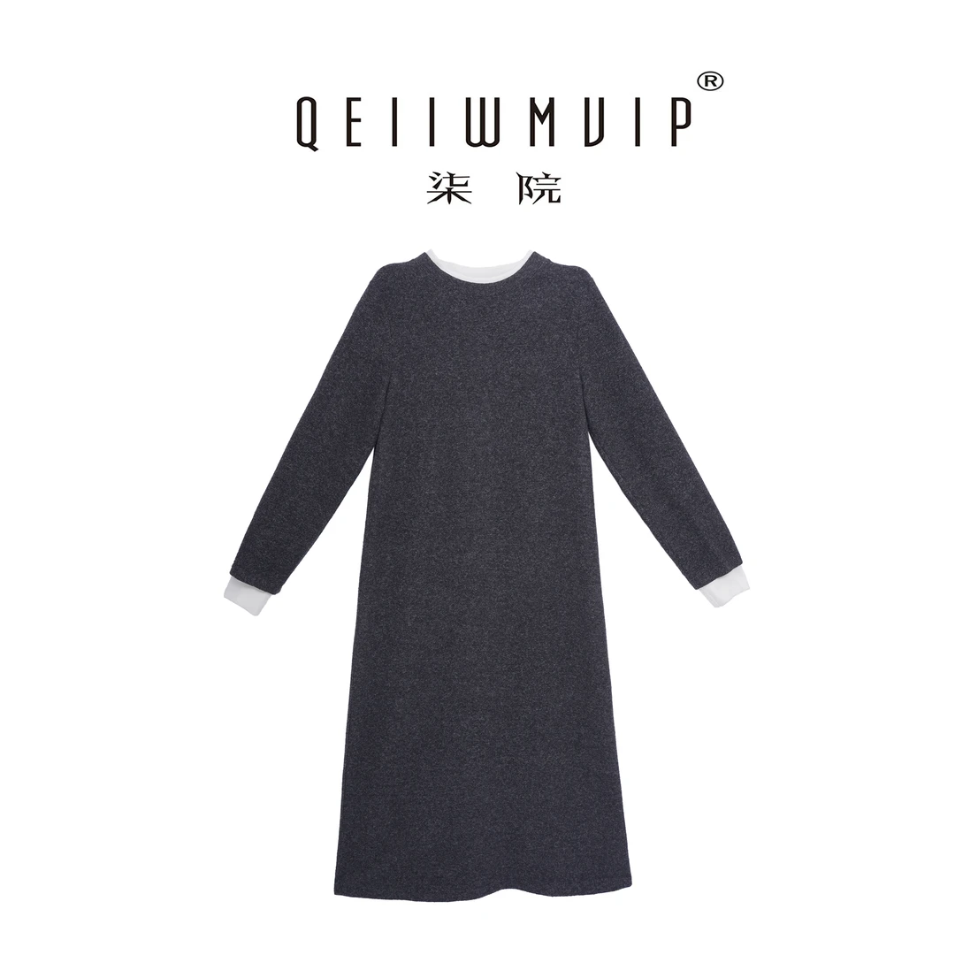 QEIIWMVIP/柒院新款圆领拼接连衣裙慵懒显瘦宽松大码打底裙女6516