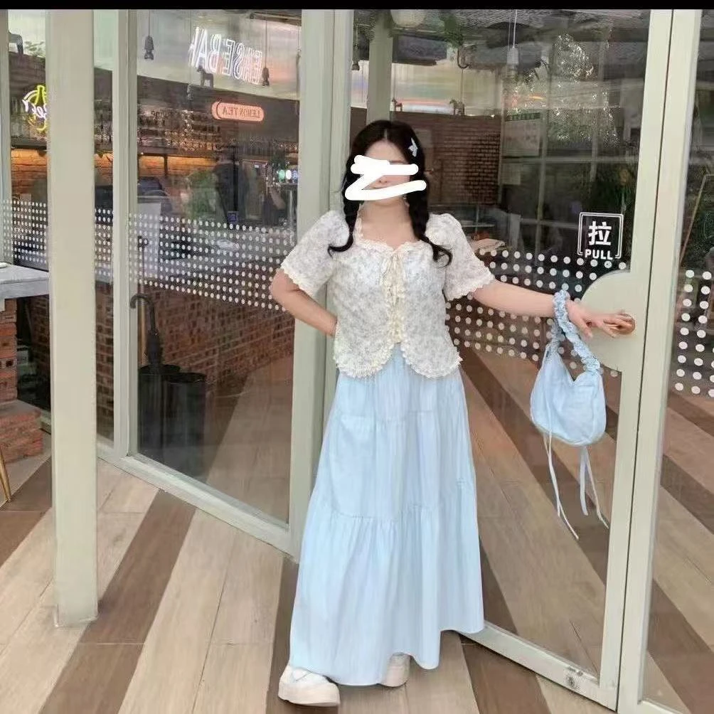 大码法式温柔减龄蓝色半身裙女夏季新款高腰遮胯显瘦a字裙子套装