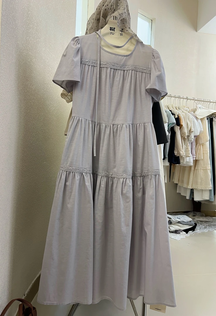 6761#适合微胖高品质法式拼蕾丝棉麻纱带腰带连衣裙（胸100长113）
