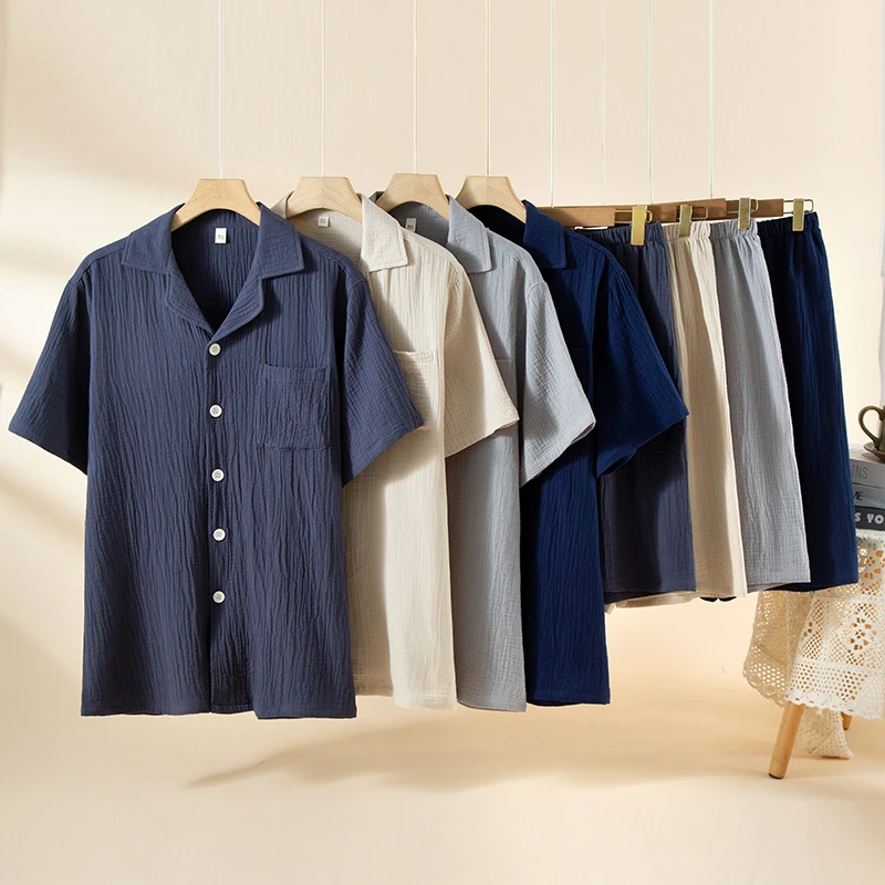 【全棉双层纱】男士夏季纯棉短袖薄款家居服新款棉纱男睡衣套装