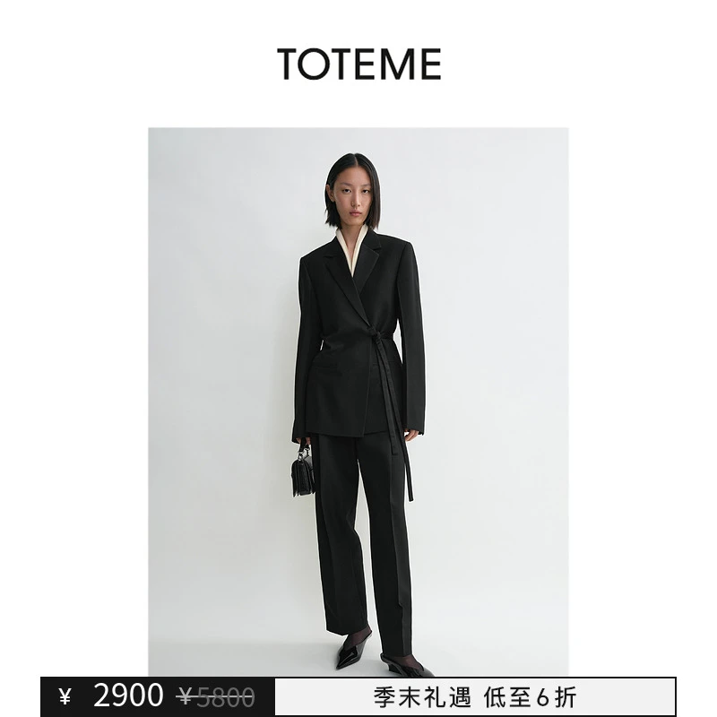【季末礼遇】TOTEME女装黑色缎面翻领裹身腰间系带西装外套