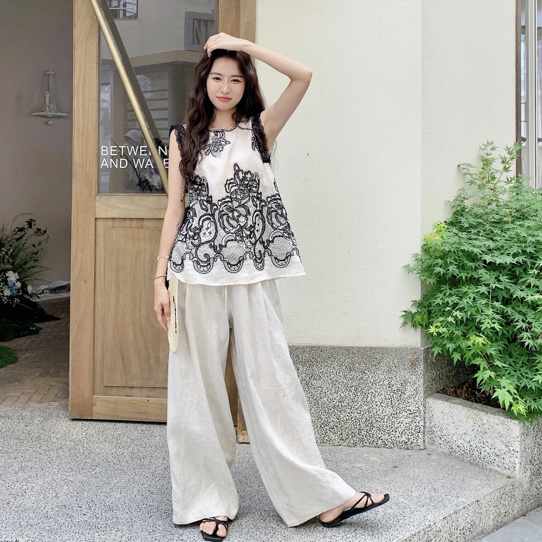 老钱风蕾丝拼接亚麻无袖上衣搭配阔腿裤套装夏季爆款