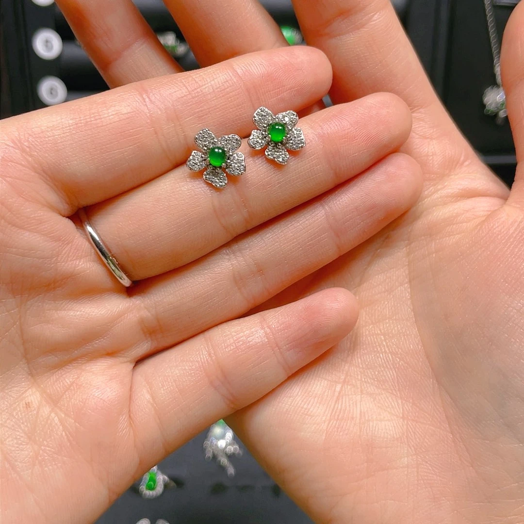 翡翠戒指银S925镶嵌耳钉