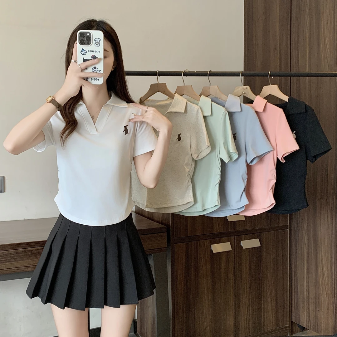 2025夏季大码女装纯色刺绣短袖上衣2602