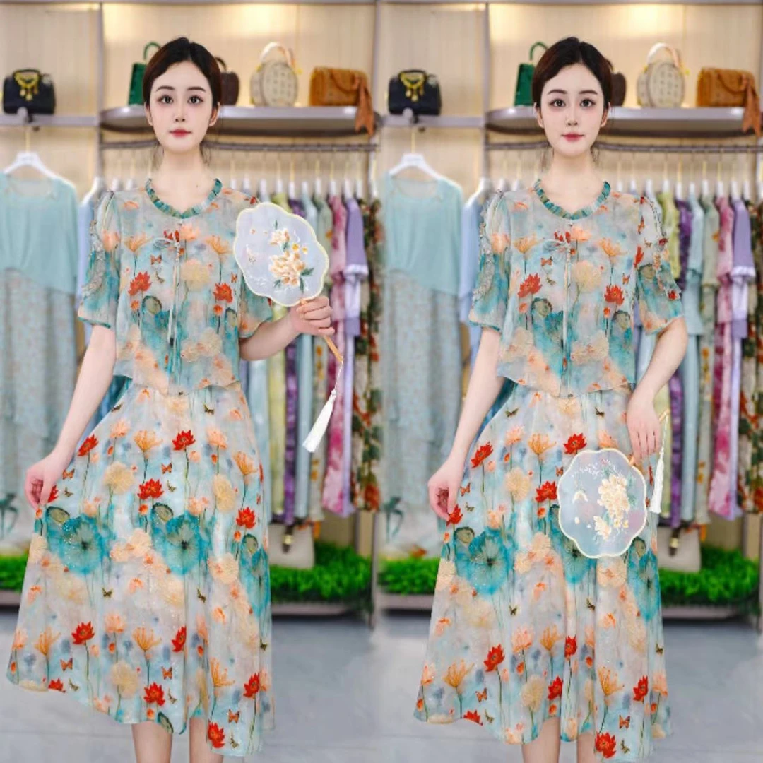 夏季新款国风印花优雅气质 高端轻奢盘扣假两件连衣裙
