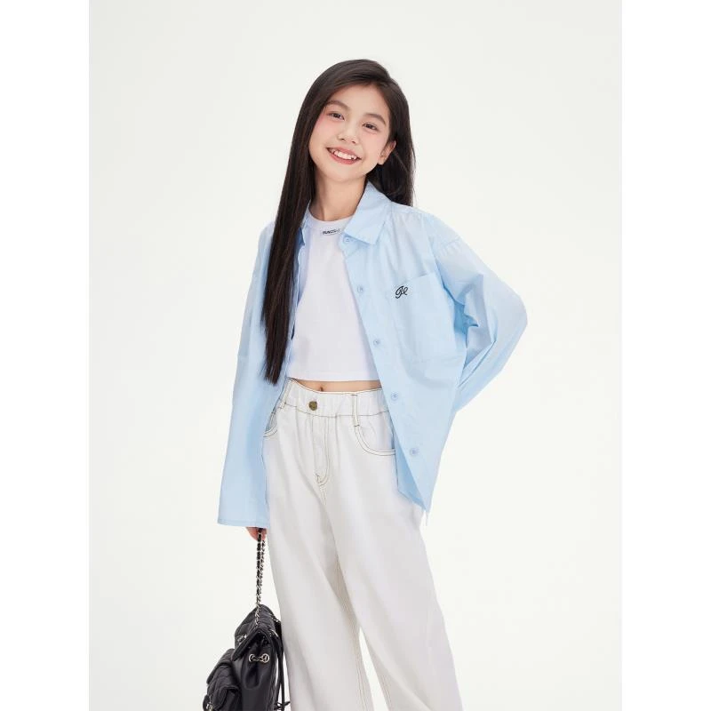 女童刺绣衬衫2025秋季新款儿童Polo领休闲衬衣洋气百搭长袖学院风